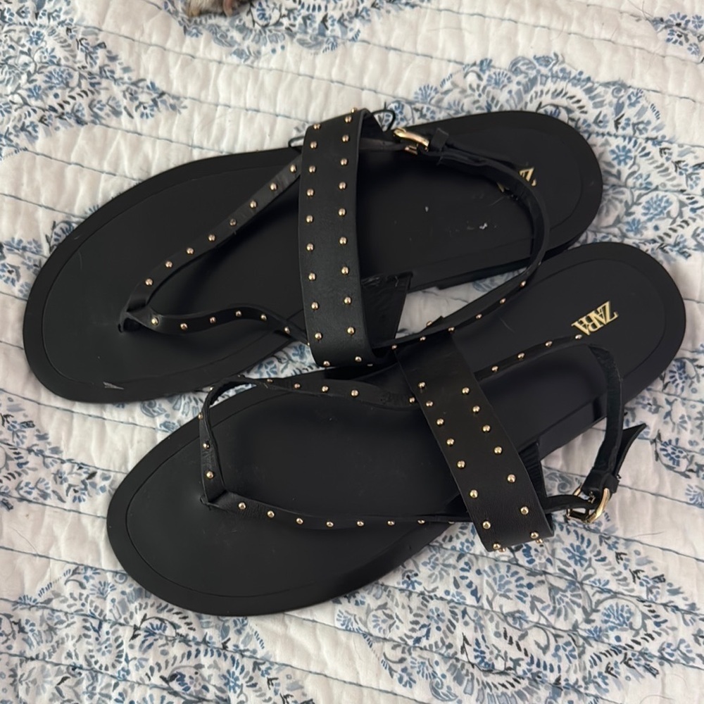 Zara Black and Gold Sandals with Studded Straps